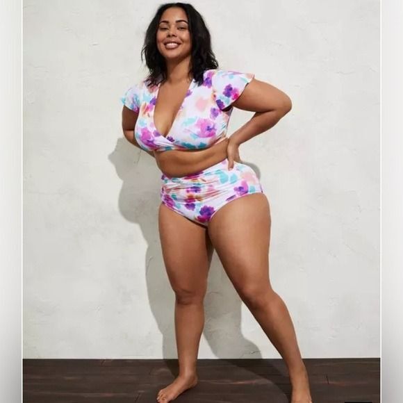 Torrid Wireless Mesh Surplice Sleeve Bikini Top 1x vacation colorful - Picture 7 of 8